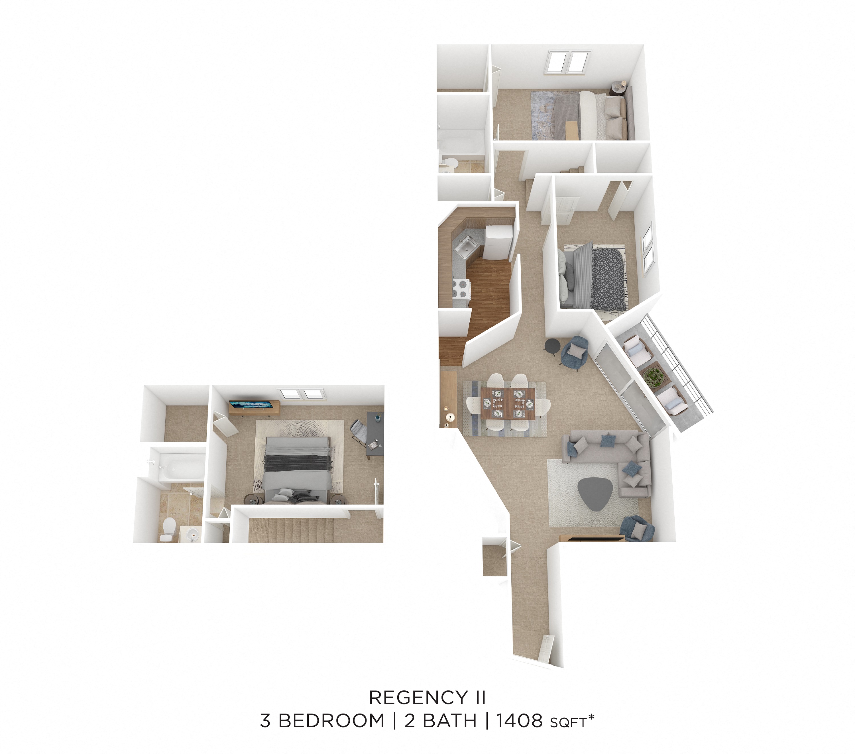 Floor plan for 3 beds, 2 baths, 1408 sqft